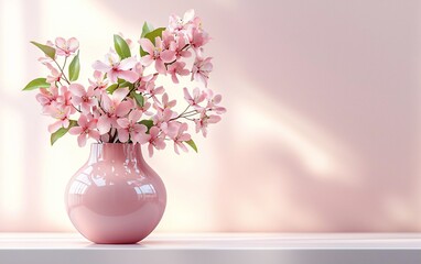 Canvas Print - Pink blossoms in a pink vase on a white shelf against a pink wall.