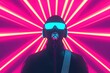 © PorchzStudio - A silhouette wearing headphones and sunglasses stands in front of vibrant neon lights, creating a dynamic, energetic atmosphere.