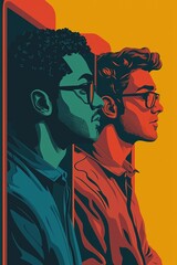 Wall Mural - A vibrant illustration of two young men in profile, featuring contrasting colors and stylish glasses, conveying a modern, artistic vibe.