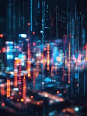 Poster - Abstract glowing big data forex candlestick chart on blurry city backdrop. Trade, technology, investment and analysis concept. Double exposure