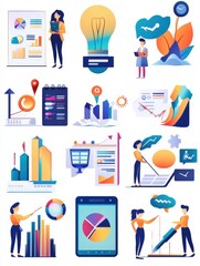 Poster - Corporate identity, Business marketing strategy development flat icons set. Company branding, competitive analysis, product positioning metaphors. Vector isolated concept metaphor illustrations