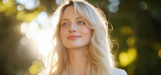 Wall Mural - Blonde woman, outdoors, sunlit, serene