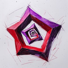 Sticker - A pentagon spiral shape art red and purple flat design simple line hand drawing on plain white background