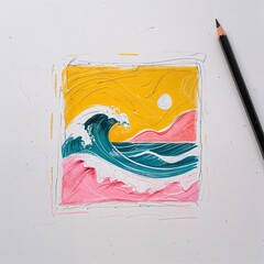 Sticker - A square with waves shape art yellow and pink flat design simple line hand drawing on plain white background