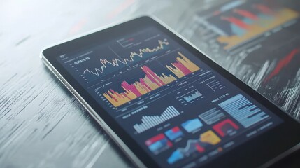 Poster - Smartphone application displaying business graphs and analytics data on an isometric mobile phone. It involves analyzing trends and financial strategies using infographic charts.