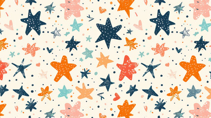 Colorful pattern of stars and hearts in pastel shades on light background, creating playful and cheerful atmosphere