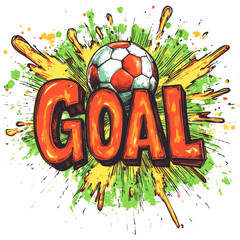 Poster - A vibrant artistic depiction of a soccer goal celebration featuring a stylized soccer ball and the word goal in a dynamic splash design.