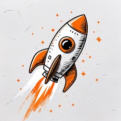 Wall Mural - A toy rocket art orange and white flat design simple line hand drawing on plain white background