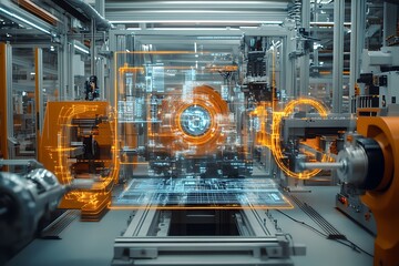 Poster - Futuristic factory with holographic displays overlaying automated machinery.
