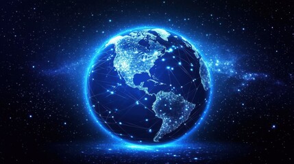 Poster - Digital, blue-glowing global network concept with light connections around the Earth planet, a business and connectivity technology background. Big data information exchange online on a dark backdrop