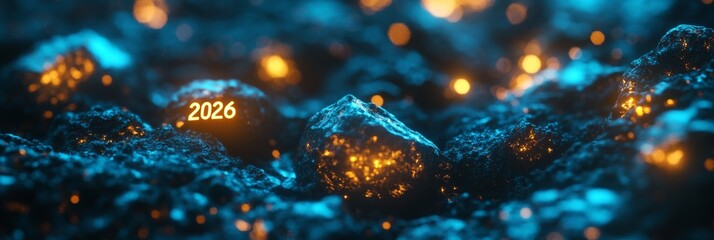Wall Mural - cosmic treasure the year 2026 illuminates a field of luminous asteroids in deep space