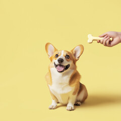 Wall Mural - Adorable Pembroke Welsh Corgi puppy on a yellow background with a bone treat, cute and playful pet.