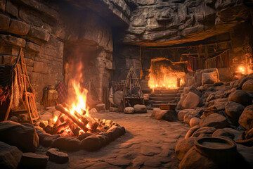campfire warmth fills an underground tunnel as flickering flames illuminate the stony surroundings a