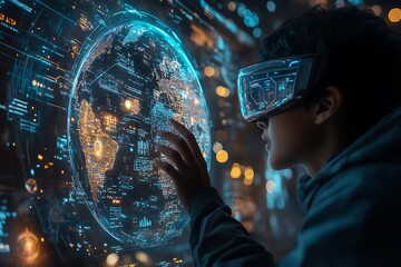 Aufkleber - person wearing vr headset interacts with a futuristic digital globe displaying data.