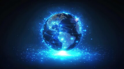 Poster - Digital, blue-glowing global network concept with light connections around the Earth planet, a business and connectivity technology background. Big data information exchange online on a dark backdrop