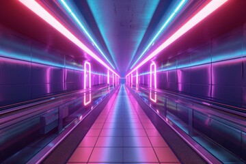 Poster - futuristic tunnel with moving walkway illuminated by vibrant neon lights creating a mesmerizing atmo