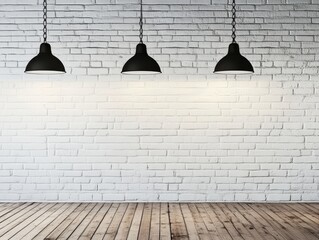 Wall Mural - Three black pendant lights hang above a white brick wall and dark wood floor.