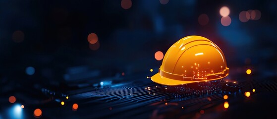 A bright yellow hard hat rests on a dark, technological background with glowing elements, symbolizing safety in construction or industry.