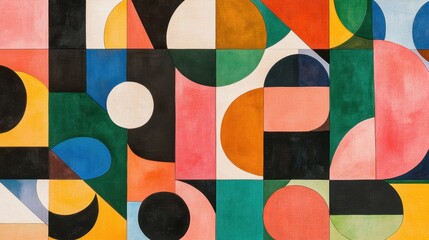 Poster - Colorful abstract geometric shapes arranged in a dynamic pattern, with vibrant hues creating an energetic, modern background