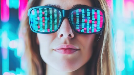 Poster - A woman with sunglasses reflecting digital patterns stands against a vibrant, colorful background, evoking a modern, tech-inspired atmosphere.