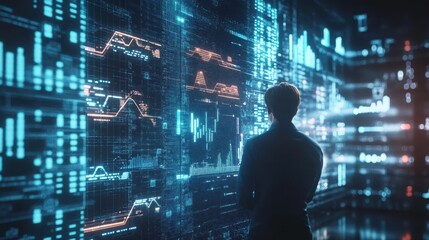 Poster - Big data analytics and business intelligence concept with chart and graph icons on a digital screen interface and a businessman in background
