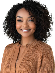 Sticker - Woman with curly hair is smiling and wearing a tan sweater