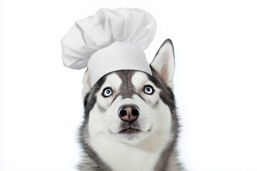 Wall Mural - Husky dog chef with hat portrait, funny pet in costume, cute animal on white background