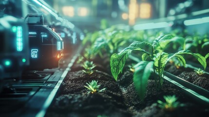 Poster - Holographic visualization of a futuristic automated farming process showcasing robotic equipment sensors and data driven technologies for sustainable and efficient agricultural solutions