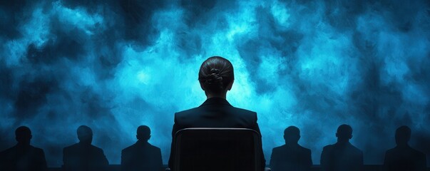 Poster - A silhouette of a person in front of a group, surrounded by a blue mist, evoking a sense of mystery and contemplation.