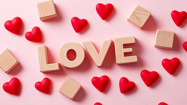 The word 'LOVE' spelled out using various alphabet blocks, arranged creatively on a soft pink background