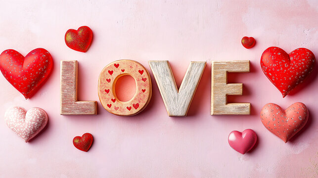 The word 'LOVE' spelled out using various alphabet blocks, arranged creatively on a soft pink background