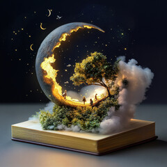 Poster - Magical Book with Moon and Stars in the Night Sky