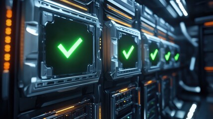 Poster - A futuristic data center with illuminated servers, featuring green checkmarks indicating successful operations or validations.