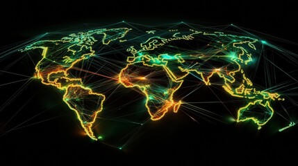 Poster - Stunning digital network visualization showcasing global connectivity and data transfer with illuminated continents and vibrant lines.