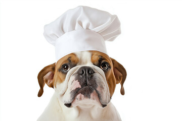 Wall Mural - Bulldog dog chef animal with an adorable funny pet cute hat portrait white background