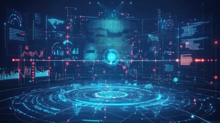  - Big data visualization technology concept. Futuristic low poly shapes and connecting the dots lines and dark blue background.