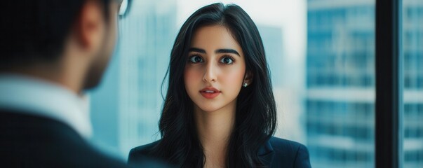 Poster - A professional woman engages in a serious conversation, reflecting determination and focus, set against a modern office backdrop.