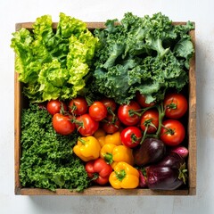 Fresh vegetables in wooden crate, kitchen background