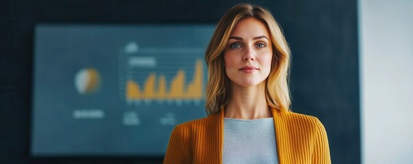 Aufkleber - A professional woman stands confidently in front of a digital display showcasing business data and trends.