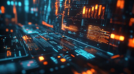 Poster - A futuristic city skyline with abstract data visualizations and glowing elements representing technology and analytics.
