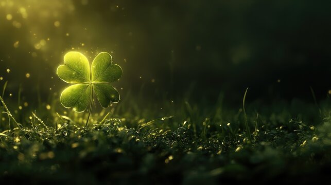 A glowing aura surrounding a four-leaf clover in a dark meadow, creating a mystical symbol of good fortune.