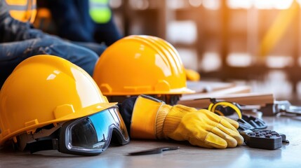 Aufkleber - A construction crew working with proper safety gear, including helmets, gloves, and boots