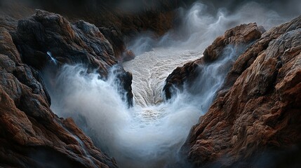 Poster - A fast-moving waterfall cascading down rocks, with mist spraying into the air
