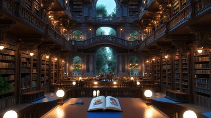 Poster - A grand library with intricate shelves and a person reading a storybook at a long wooden table