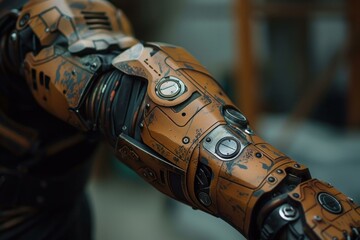 Poster - Close up of a weathered robotic arm showcasing intricate details and advanced technology