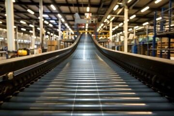 Poster - Empty conveyor belt transporting goods in a distribution warehouse or factory