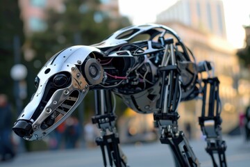 Poster - Metallic robot dog standing in a blurred city environment, showcasing advanced robotics and artificial intelligence