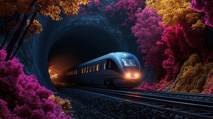 Poster - A high-speed train emerging from a tunnel into a vibrant landscape
