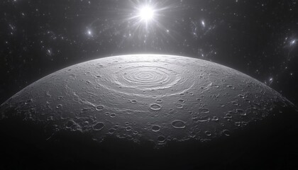 Wall Mural - cratered alien planet surface, ethereal moonscape with swirling nebulae, cosmic background
