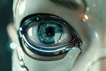 Poster - Futuristic cyborg showing augmented reality displaying data in eye